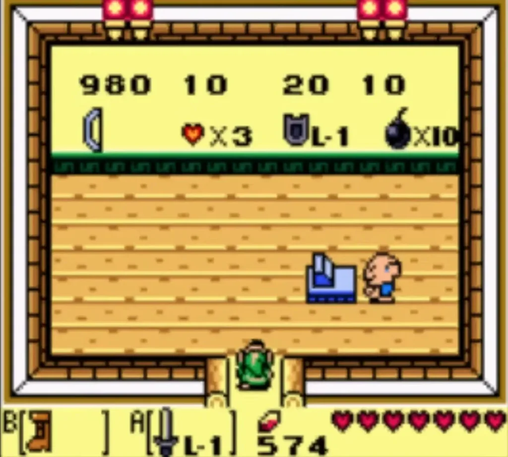 The Town Tool Shop price board lists the Bow for 980 rupees as Link stands at the shop door The Town Tool Shop price board lists the Bow for 980 rupees as Link stands at the shop door