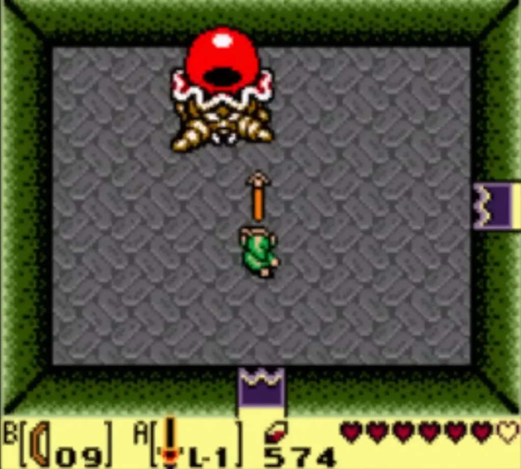 Link shoots an arrow up the grey room at the red Hardhit Beetle Link shoots an arrow up the grey room at the red Hardhit Beetle