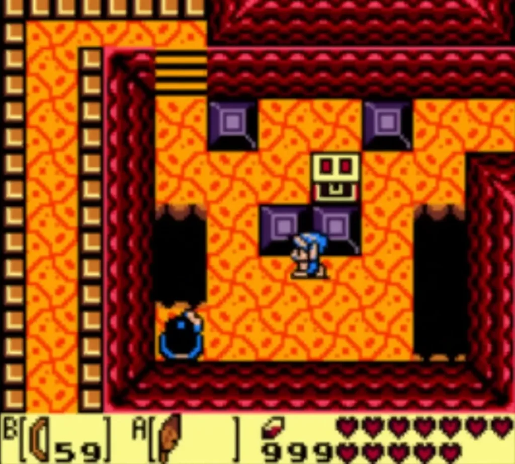 Link with the Bow equipped stands in a lava room below a face-shaped statue Link with the Bow equipped stands in a lava room below a face-shaped statue
