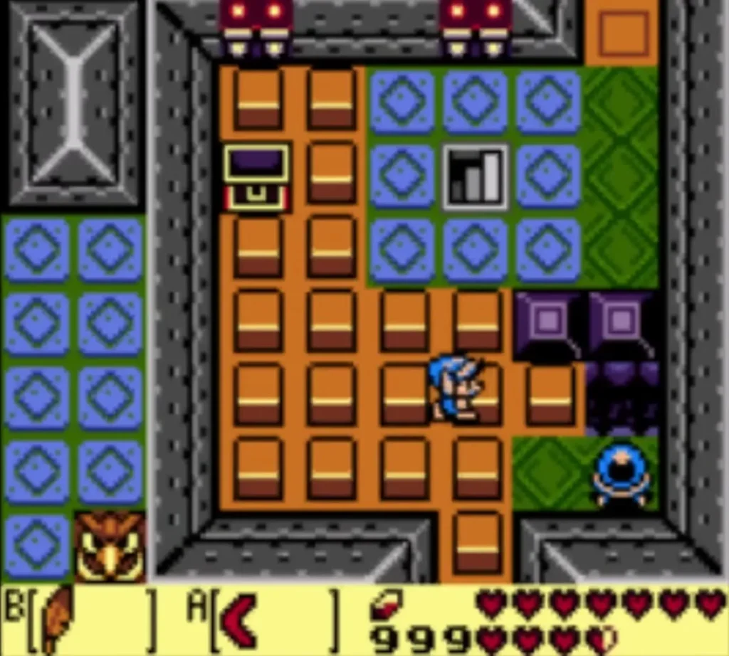 Link walks the Eagle's Tower room of orange raised blocks and blue tiles Link walks the Eagle's Tower room of orange raised blocks and blue tiles