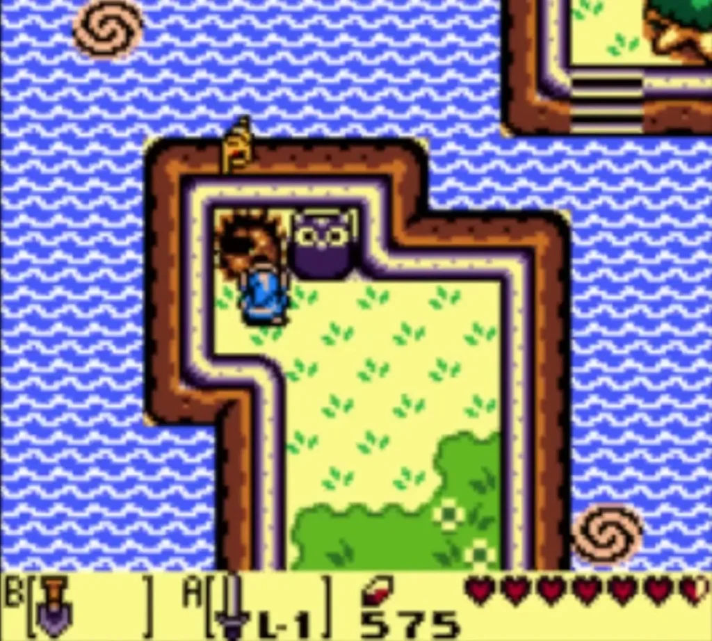 Link stands beside an owl statue and a dug hole in the grass, with the Shovel on the B button Link stands beside an owl statue and a dug hole in the grass, with the Shovel on the B button