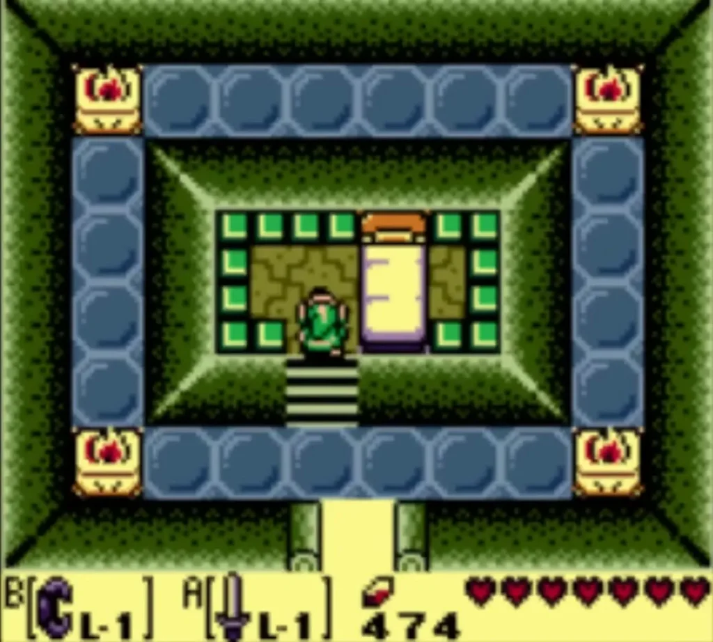 Link stands beside the bed in the walled Dream Shrine chamber Link stands beside the bed in the walled Dream Shrine chamber