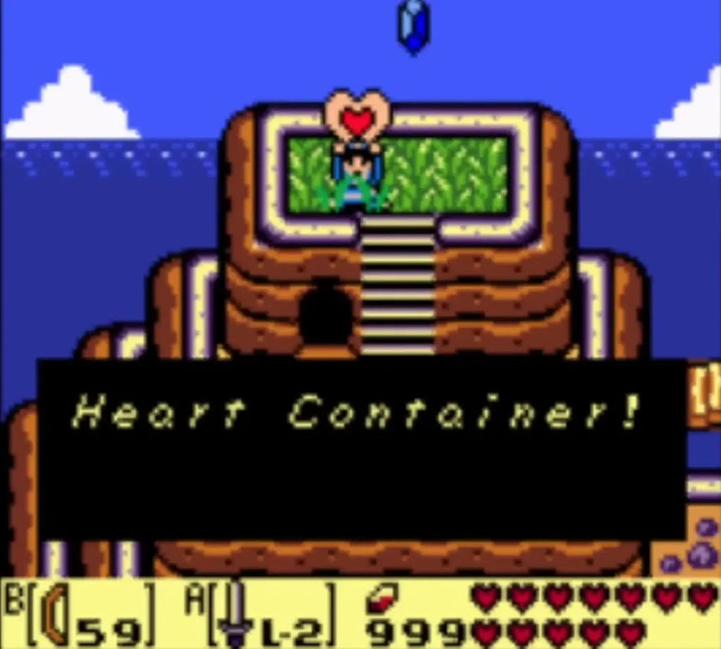 Link holds a heart over the Turtle Rock ledge as the Heart Container message shows Link holds a heart over the Turtle Rock ledge as the Heart Container message shows