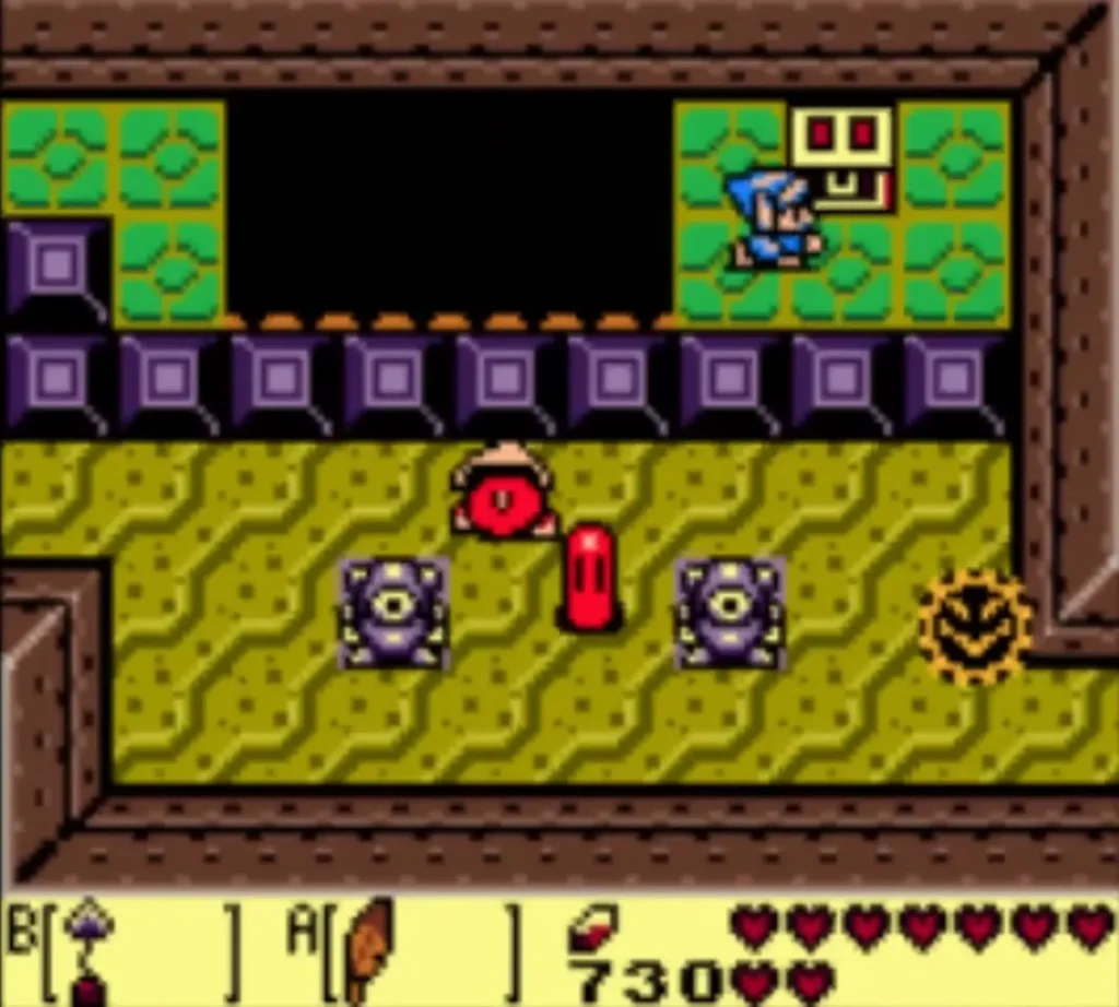 Link uses the Hookshot to reach a chest on the far side of a pit Link uses the Hookshot to reach a chest on the far side of a pit