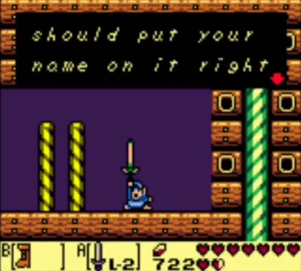 Link holds up the L-2 Sword; box ends 'should put your name on it right' Link holds up the L-2 Sword; box ends 'should put your name on it right'