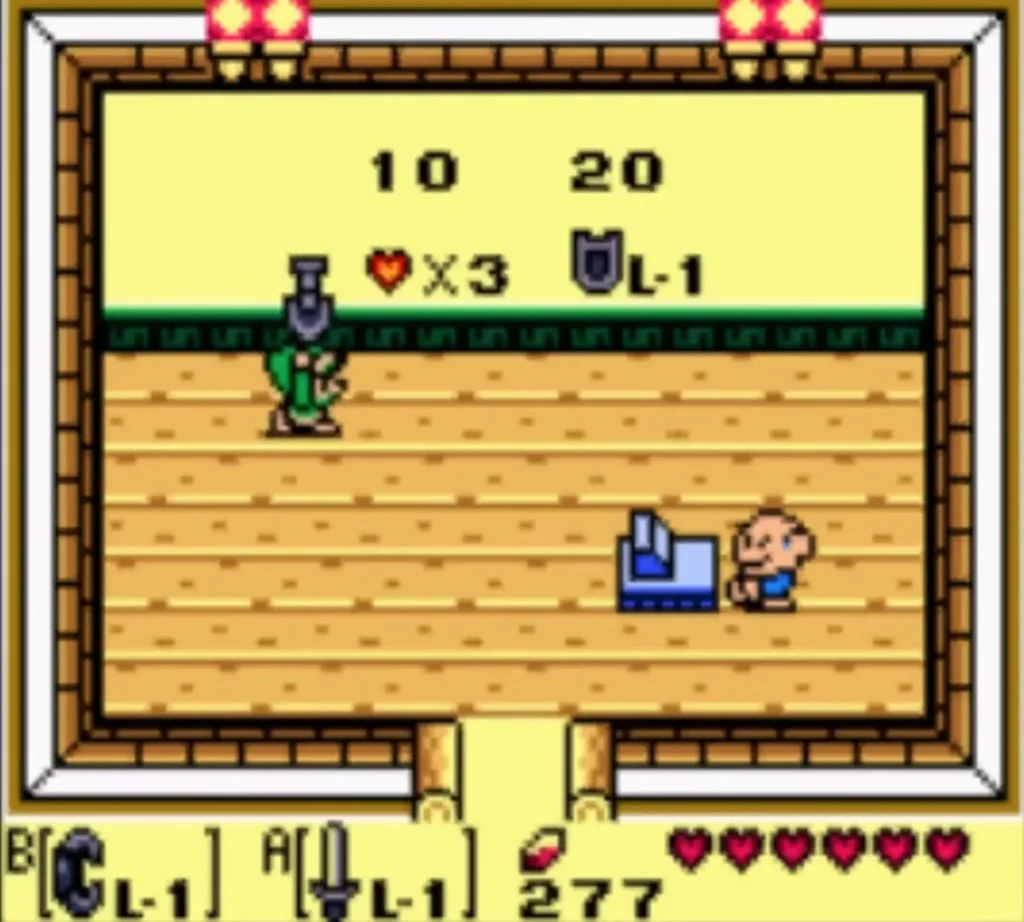 Link holds the Shovel up in the Town Tool Shop after buying it Link holds the Shovel up in the Town Tool Shop after buying it