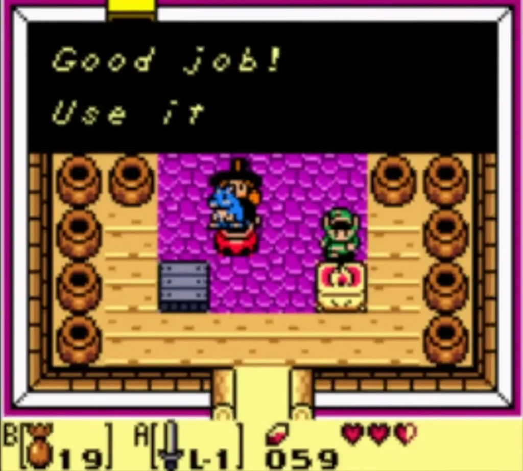 Link beside the Witch hut chest with 19 Magic Powder in the B slot as the Good job box shows Link beside the Witch hut chest with 19 Magic Powder in the B slot as the Good job box shows