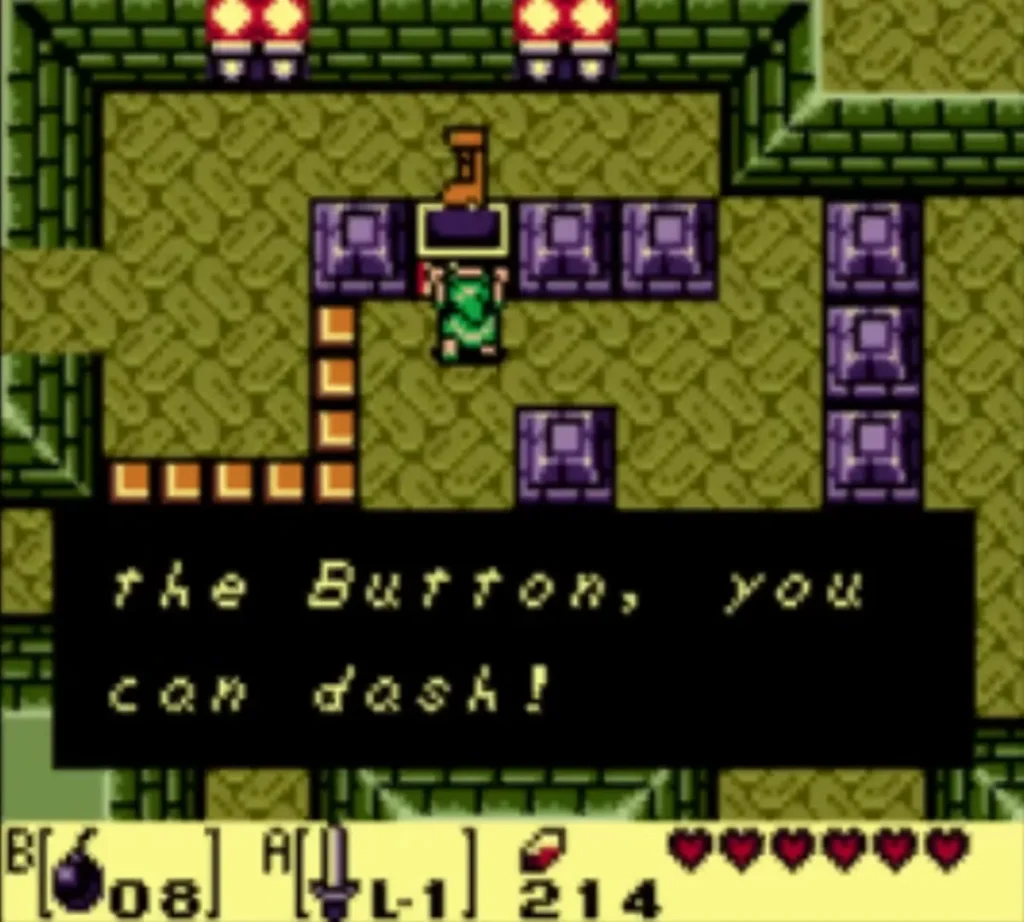 The message box explains that holding the B Button lets Link dash The message box explains that holding the B Button lets Link dash