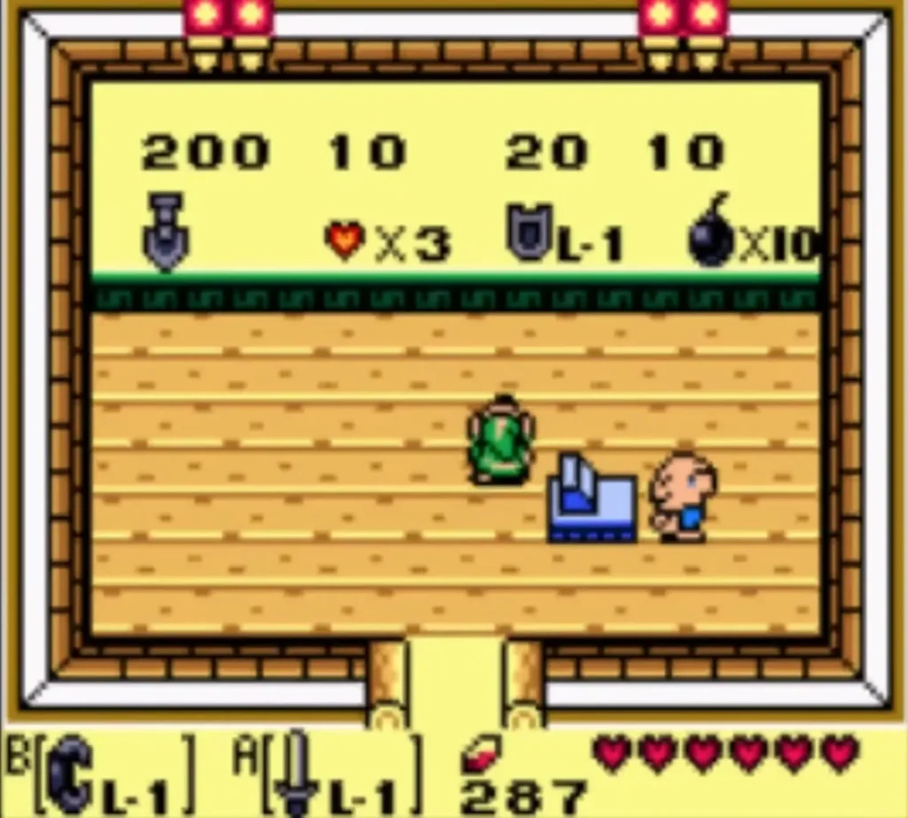 The Town Tool Shop price board lists three hearts for 10 rupees, with Link standing inside The Town Tool Shop price board lists three hearts for 10 rupees, with Link standing inside