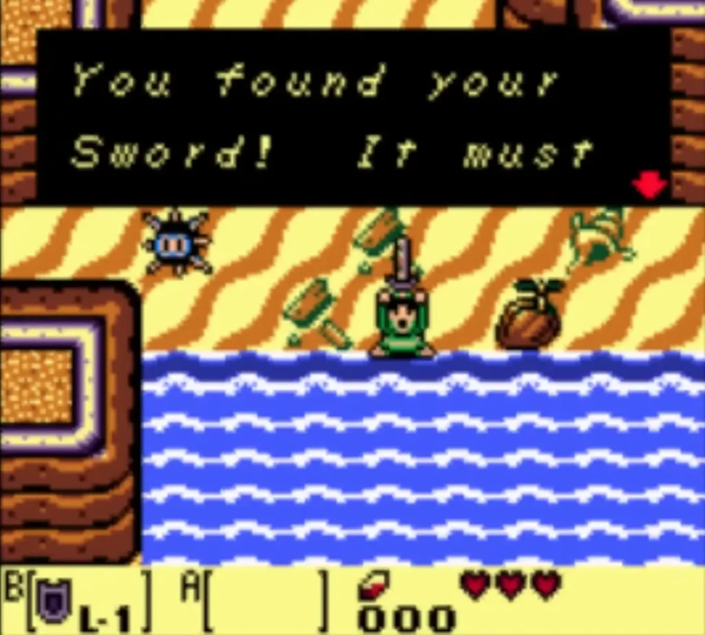 Link holds up his Sword on Toronbo Shores as the You found your Sword message appears Link holds up his Sword on Toronbo Shores as the You found your Sword message appears