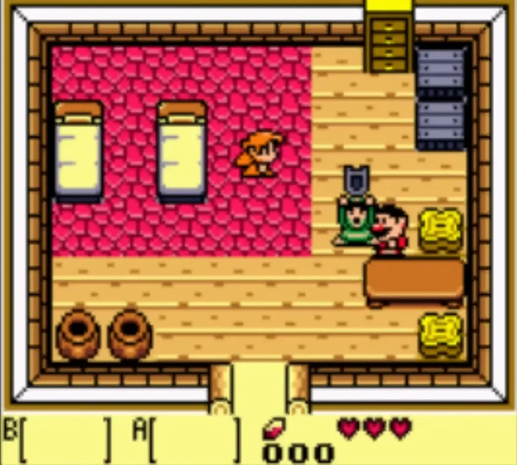 Link holds the Shield above his head as Tarin watches in the village house Link holds the Shield above his head as Tarin watches in the village house