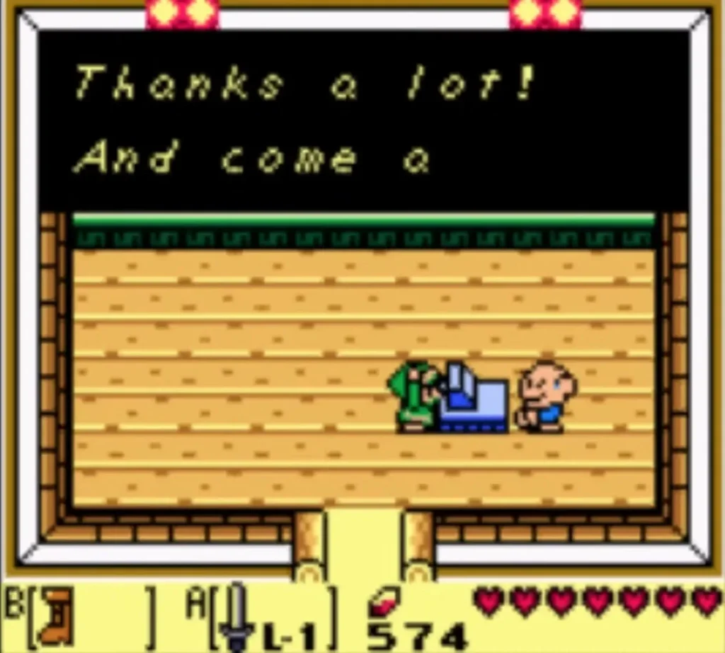 Link stands in the Tool Shop, with the 980 rupee Bow listed on the price board Link stands in the Tool Shop, with the 980 rupee Bow listed on the price board