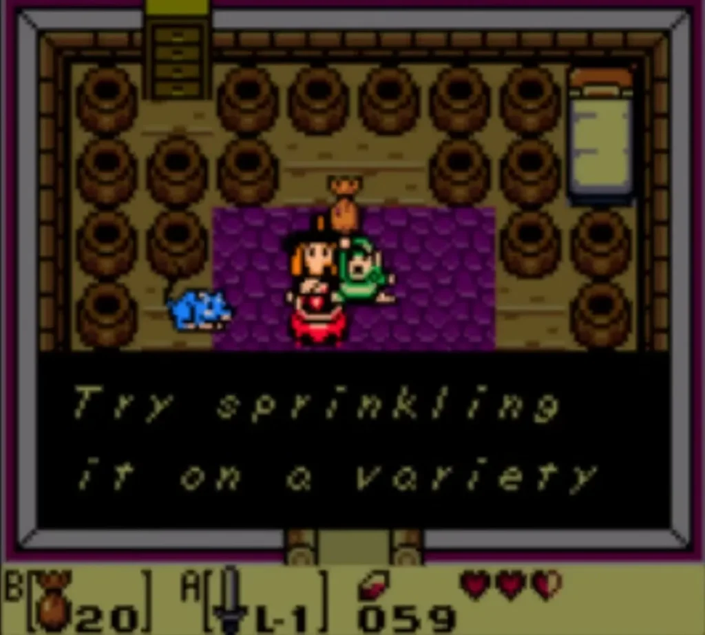 The Witch in her hut tells Link to try sprinkling the Magic Powder on a variety of things The Witch in her hut tells Link to try sprinkling the Magic Powder on a variety of things