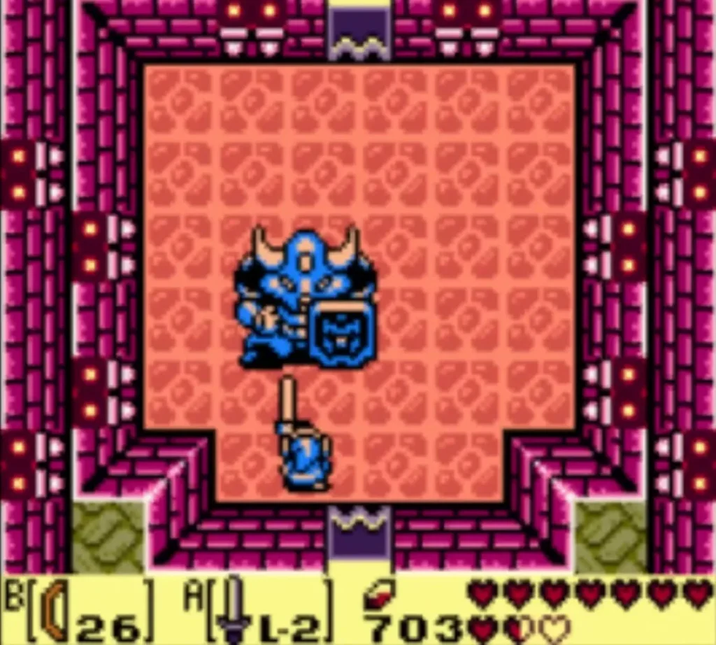 Link faces the blue Armos Knight in the square room below the Southern Face Shrine Link faces the blue Armos Knight in the square room below the Southern Face Shrine