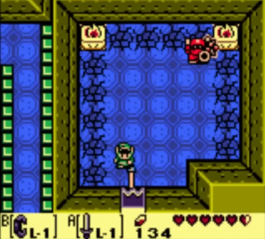 Link at the doorway of a blue-tiled room of Kanalet Castle with a red enemy inside Link at the doorway of a blue-tiled room of Kanalet Castle with a red enemy inside