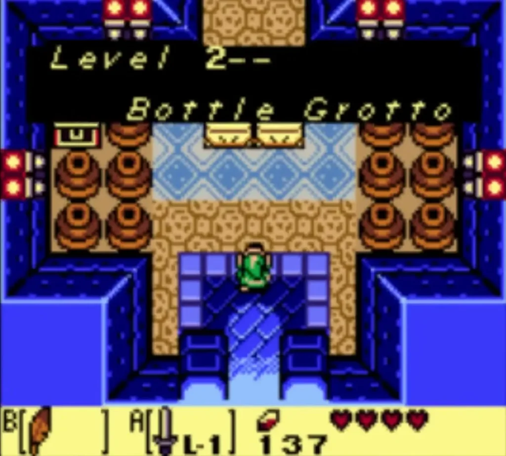 The Level 2 Bottle Grotto title card over the dungeon entrance The Level 2 Bottle Grotto title card over the dungeon entrance