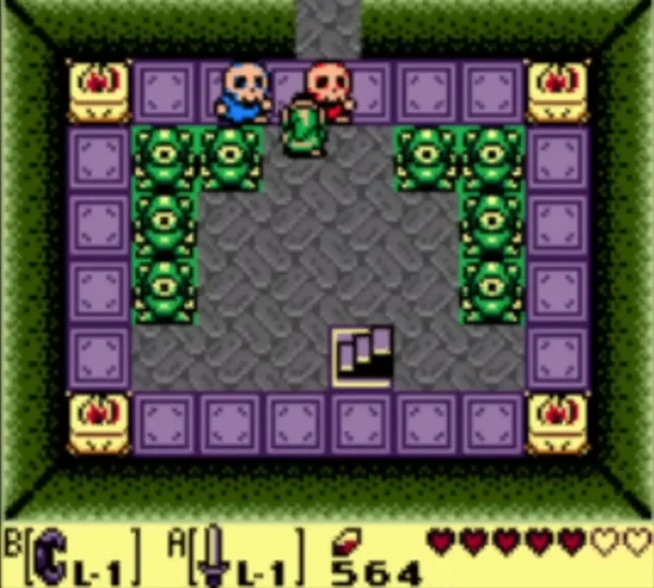 Link in the purple-tiled entrance room of the Color Dungeon, with two NPCs standing at the top Link in the purple-tiled entrance room of the Color Dungeon, with two NPCs standing at the top