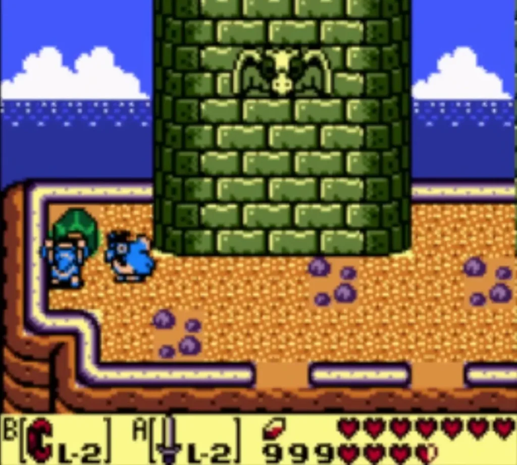 Eagle's Tower rises above the cliff, with Link and the Rooster at the foot of the mountains Eagle's Tower rises above the cliff, with Link and the Rooster at the foot of the mountains