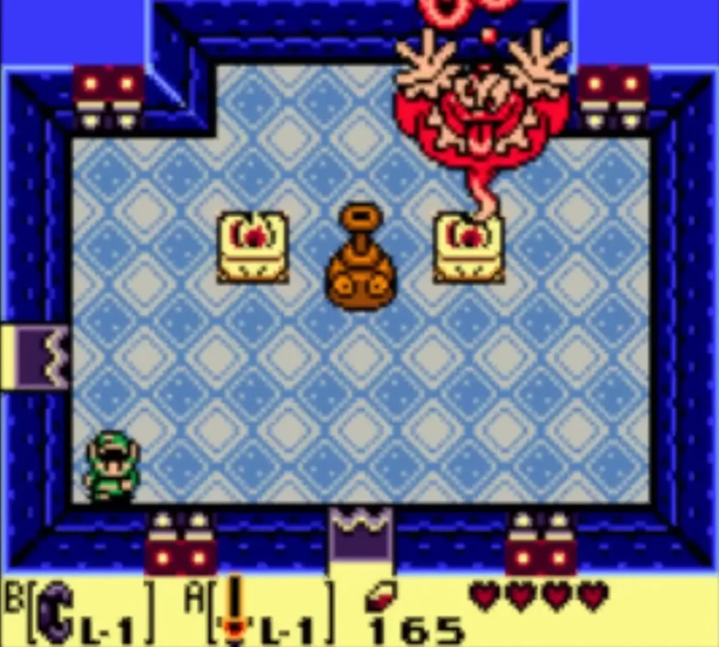 The Genie flares up above two chests and a bottle in the blue-tiled hall of Bottle Grotto The Genie flares up above two chests and a bottle in the blue-tiled hall of Bottle Grotto