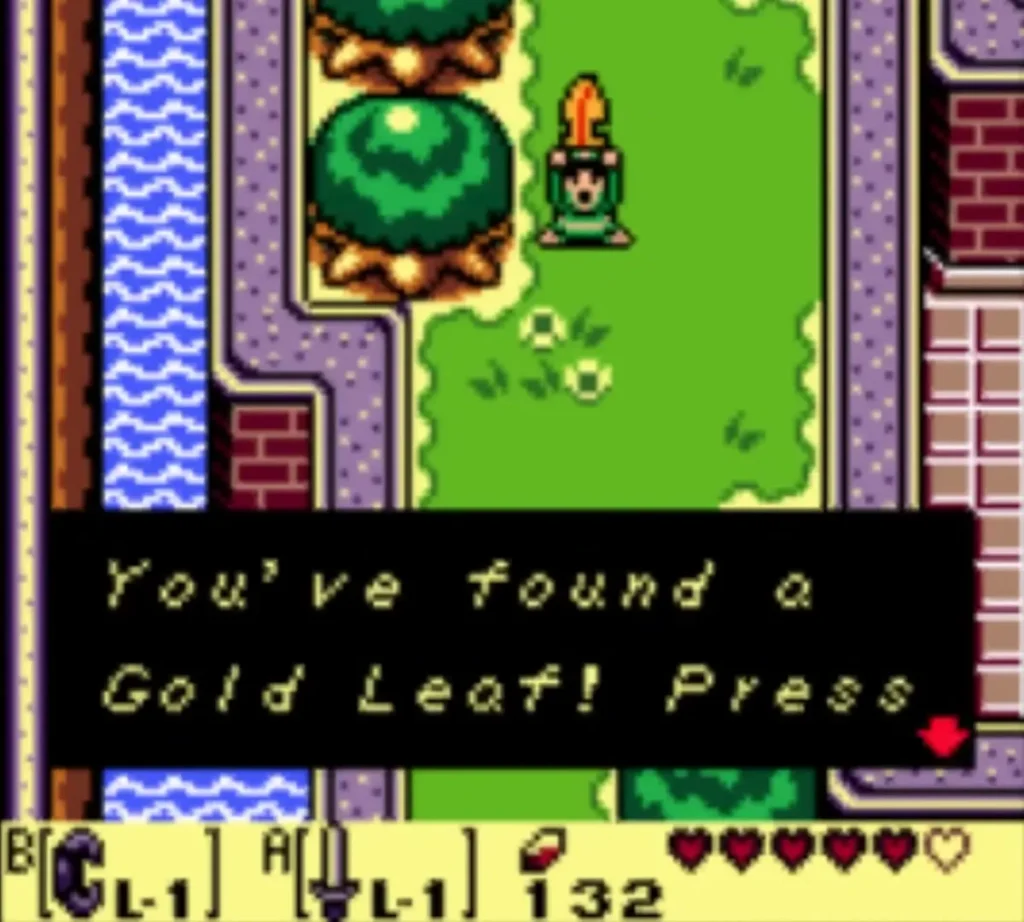 The message box reading You've found a Gold Leaf! as Link collects one of Prince Richard's Golden Leaves The message box reading You've found a Gold Leaf! as Link collects one of Prince Richard's Golden Leaves
