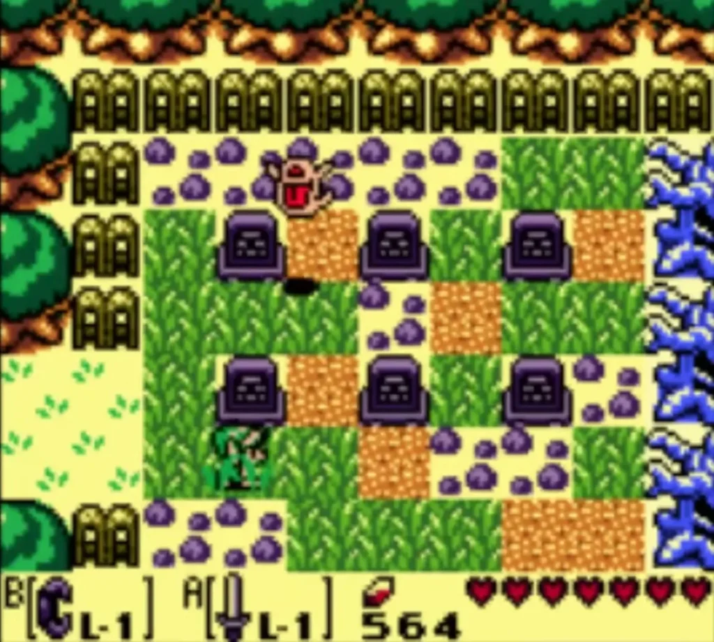 Link standing among the purple gravestones of the graveyard with a Ghost above Link standing among the purple gravestones of the graveyard with a Ghost above