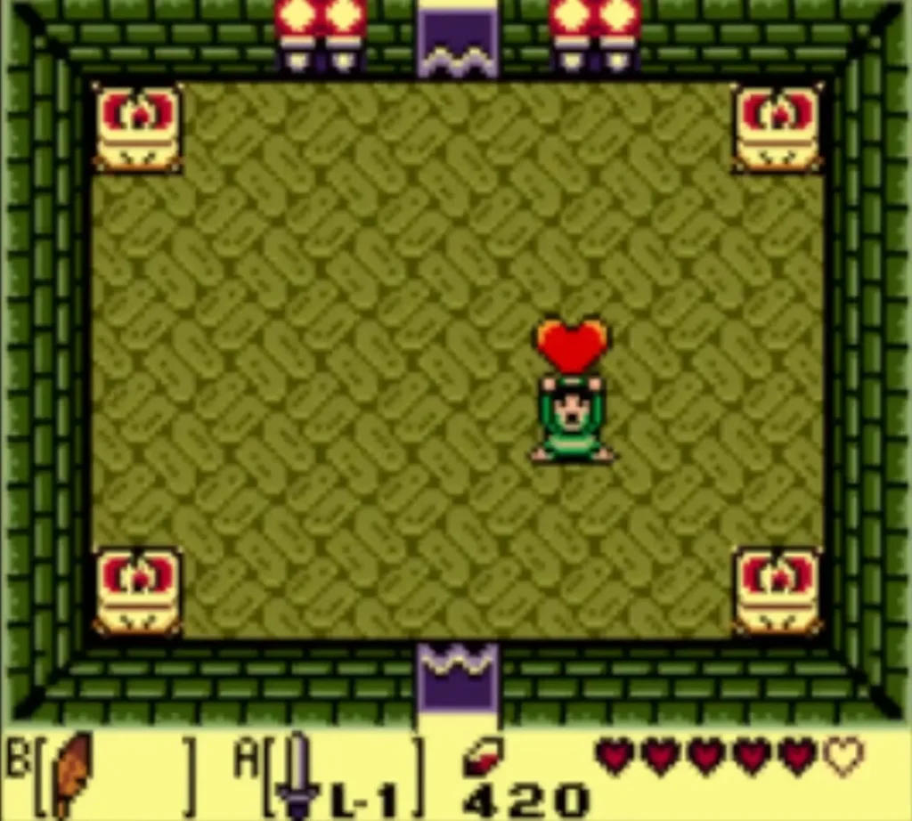 Link holds up the Heart Container that the Slime Eye leaves behind Link holds up the Heart Container that the Slime Eye leaves behind