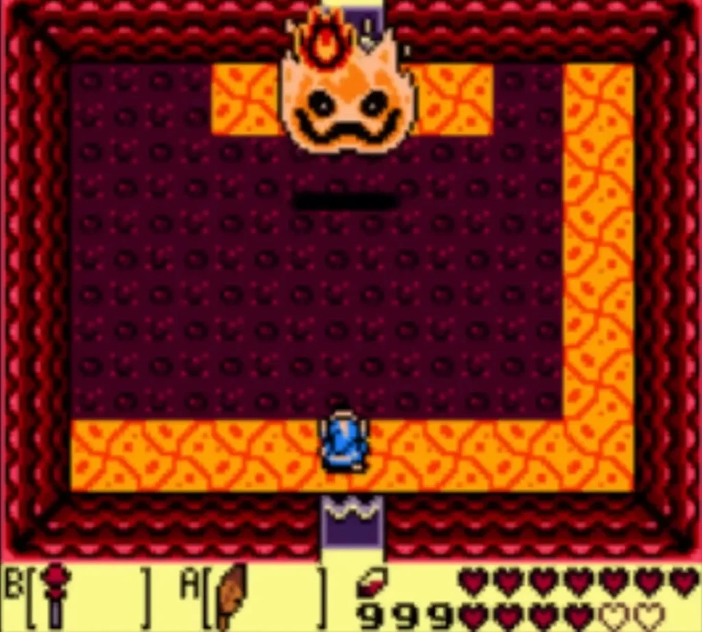 Hot Head appears as a flaming face above the lava arena while Link waits below Hot Head appears as a flaming face above the lava arena while Link waits below