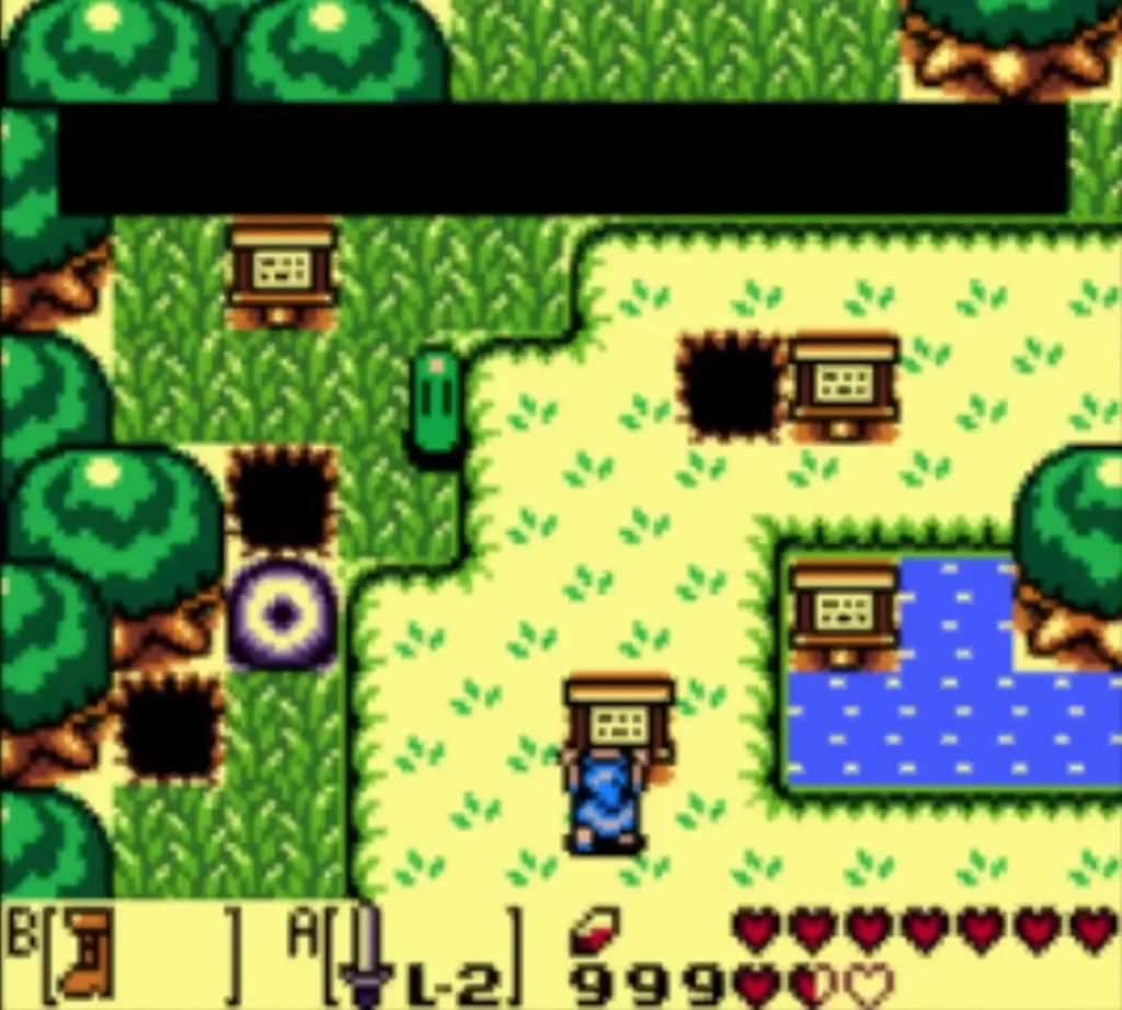 Link lifts a wooden sign overhead among the pits of the Signpost Maze Link lifts a wooden sign overhead among the pits of the Signpost Maze
