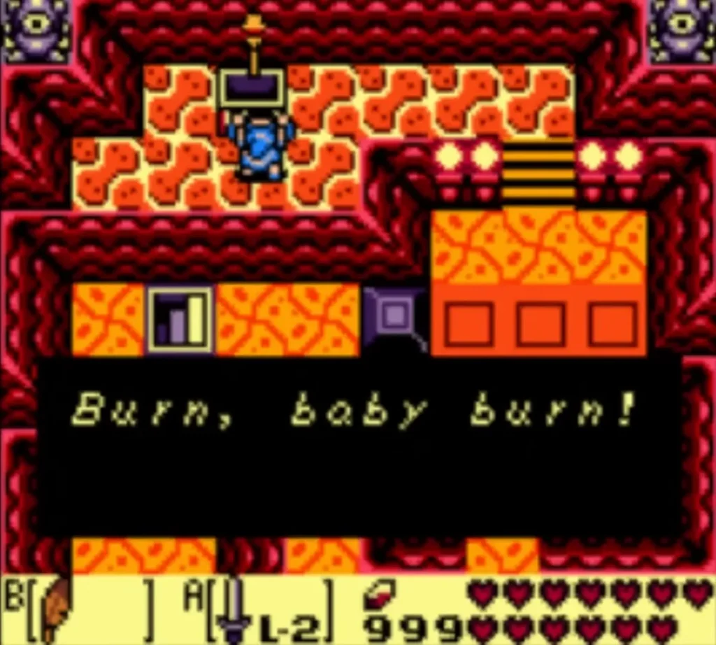 Link holds up the Magic Rod with the Burn, baby burn message on screen Link holds up the Magic Rod with the Burn, baby burn message on screen