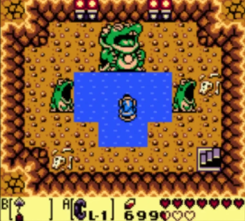 Mamu the giant frog above his pond, with frog choir members beside the water and Link in the pond Mamu the giant frog above his pond, with frog choir members beside the water and Link in the pond