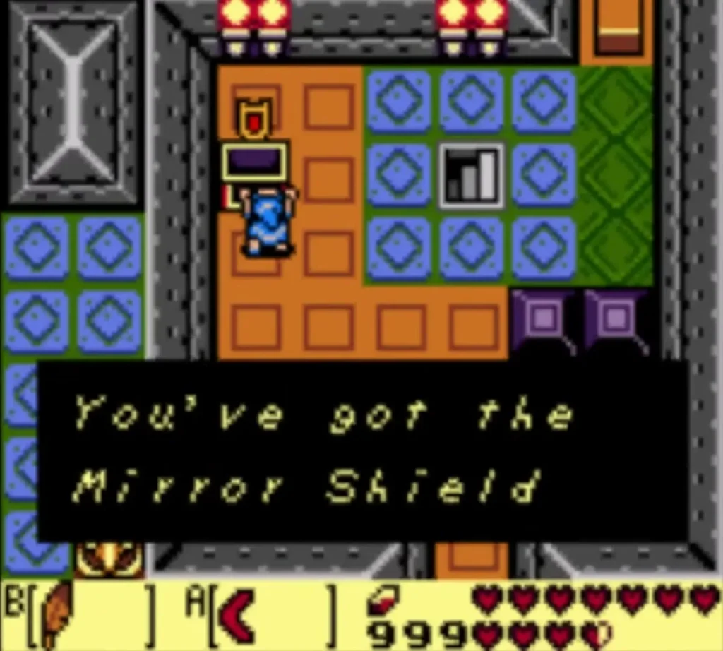 The message box reading You've got the Mirror Shield appears over the crystal-block room of Eagle's Tower The message box reading You've got the Mirror Shield appears over the crystal-block room of Eagle's Tower