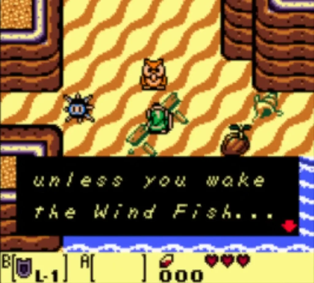An owl hovers above Link on the southwest beach where he wakes up on the island An owl hovers above Link on the southwest beach where he wakes up on the island