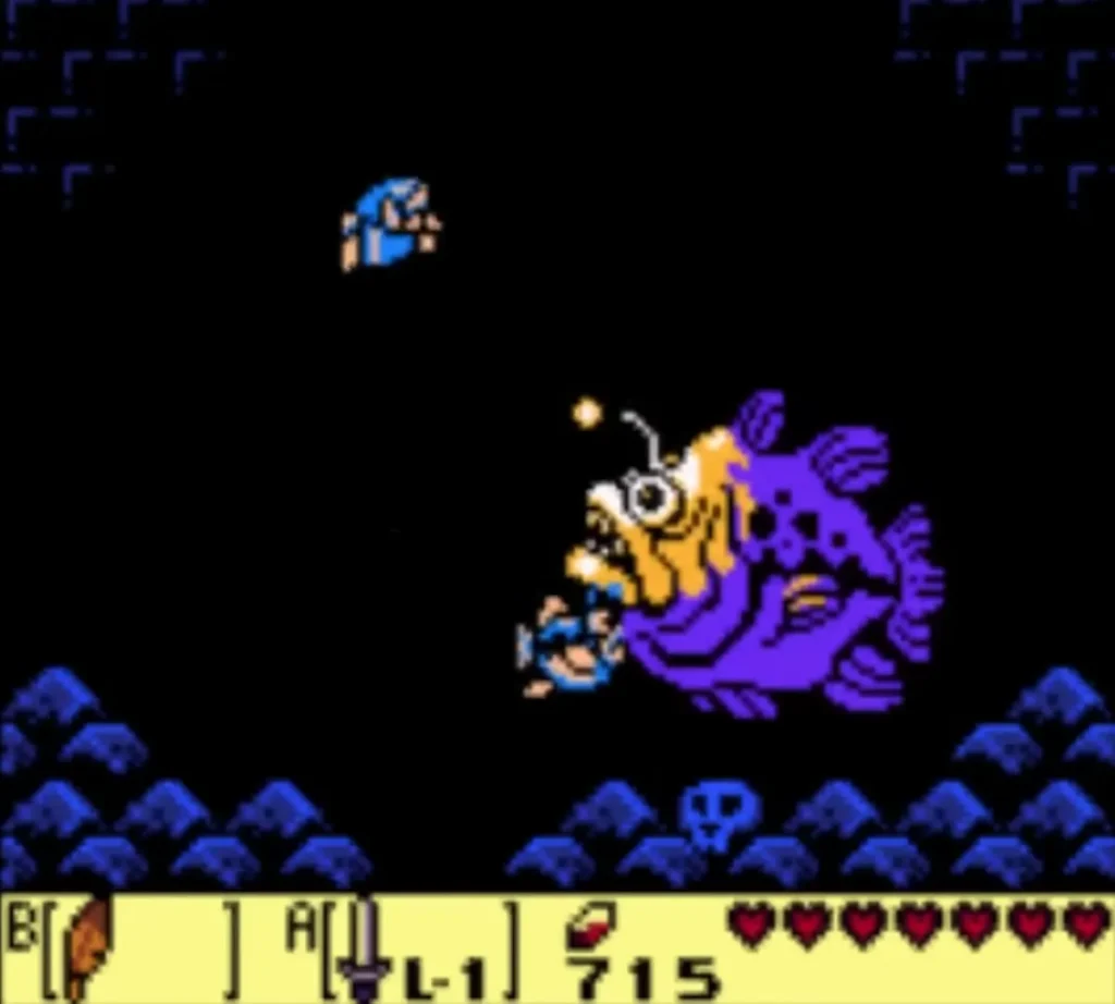 Link faces the purple Angler Fish in the dark underwater room of Angler's Tunnel Link faces the purple Angler Fish in the dark underwater room of Angler's Tunnel