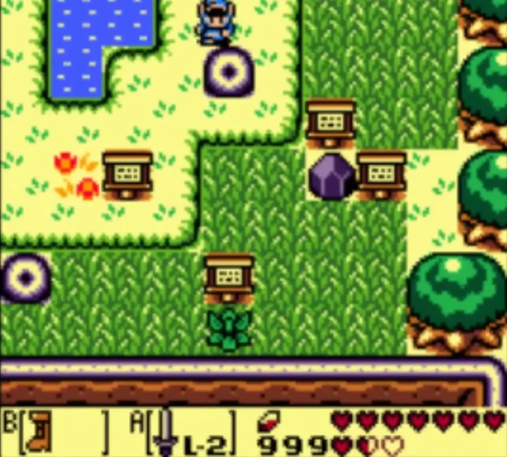 Link near wooden signs and a purple boulder in the Signpost Maze Link near wooden signs and a purple boulder in the Signpost Maze