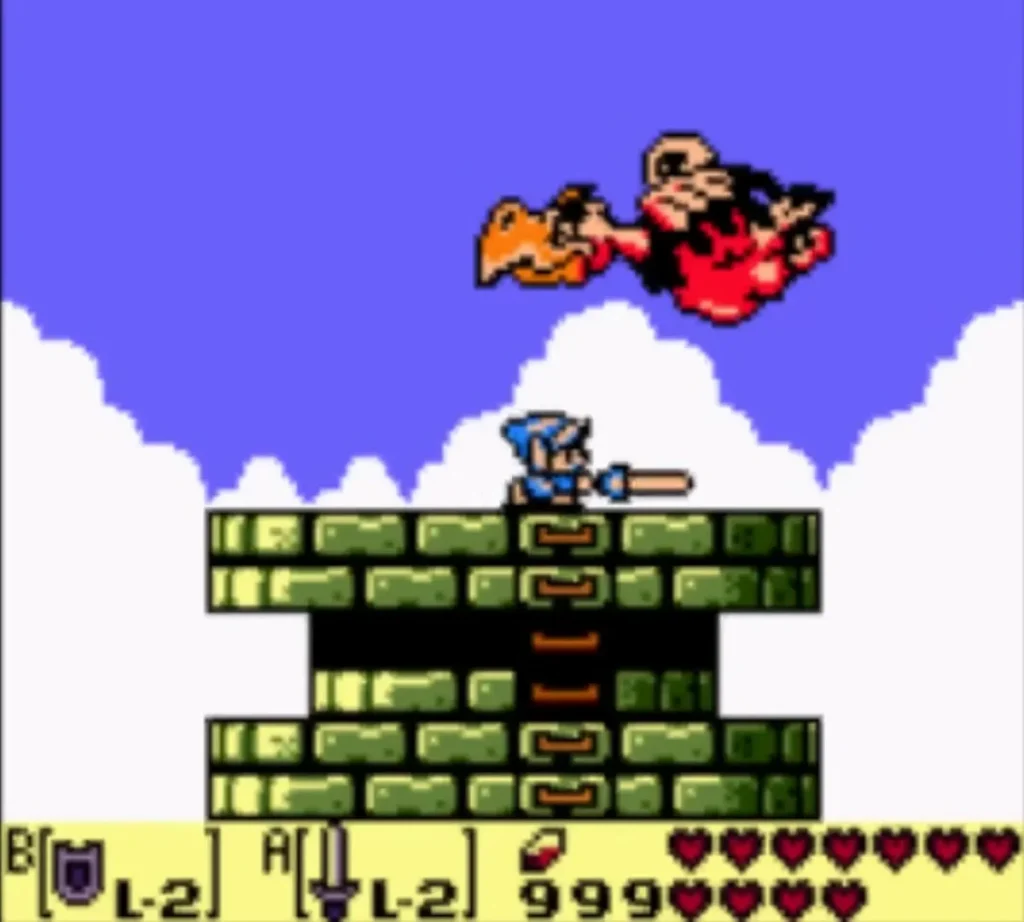 Link on the tower roof swinging his sword toward the Evil Eagle in the sky Link on the tower roof swinging his sword toward the Evil Eagle in the sky
