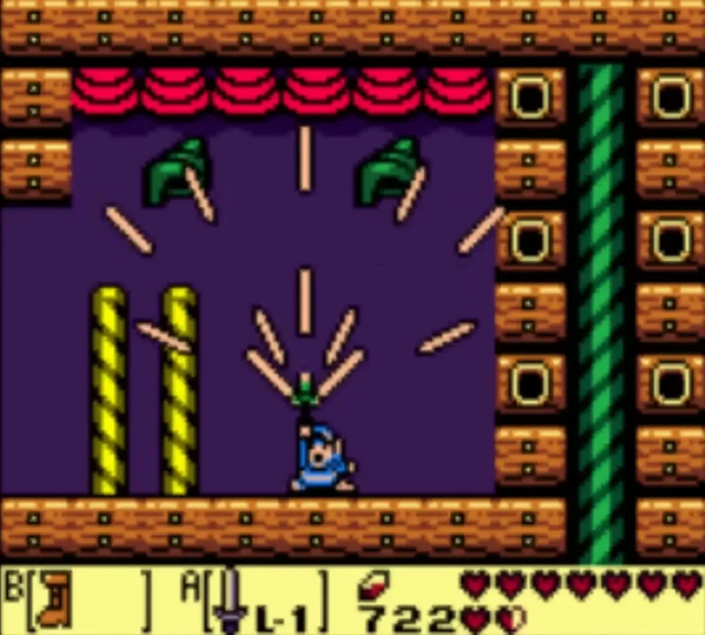 Link raises his sword in a purple room as light flashes around the blade Link raises his sword in a purple room as light flashes around the blade