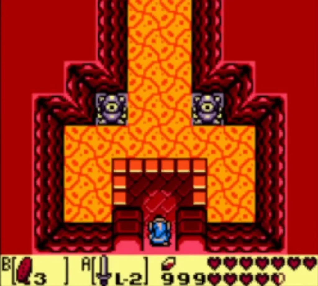 Link stands in the Turtle Rock entrance above a lava room Link stands in the Turtle Rock entrance above a lava room