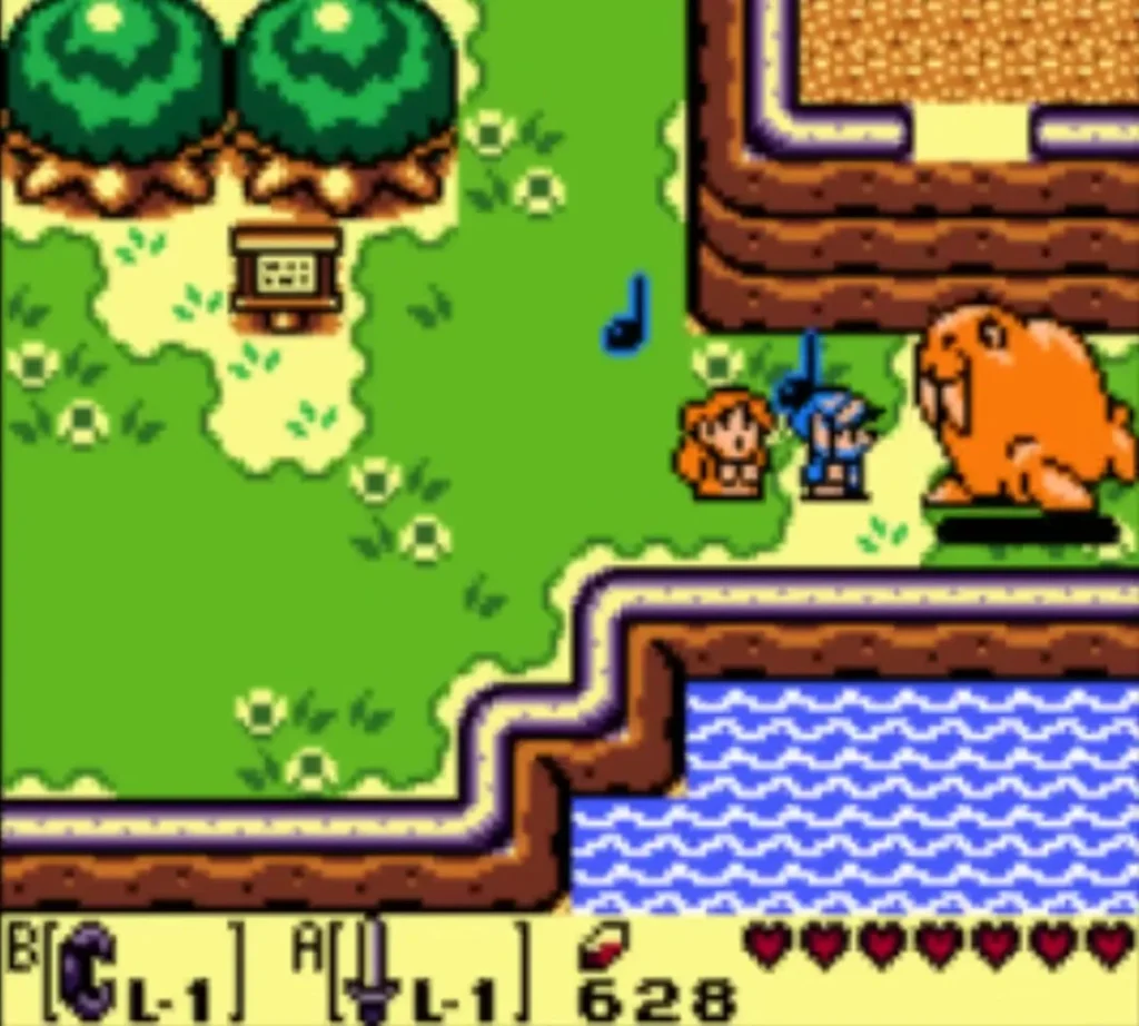 Marin and Link beside the walrus, with musical notes floating above them Marin and Link beside the walrus, with musical notes floating above them