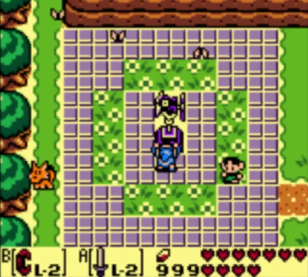 Link standing below the weathercock statue in the middle of Mabe Village Link standing below the weathercock statue in the middle of Mabe Village
