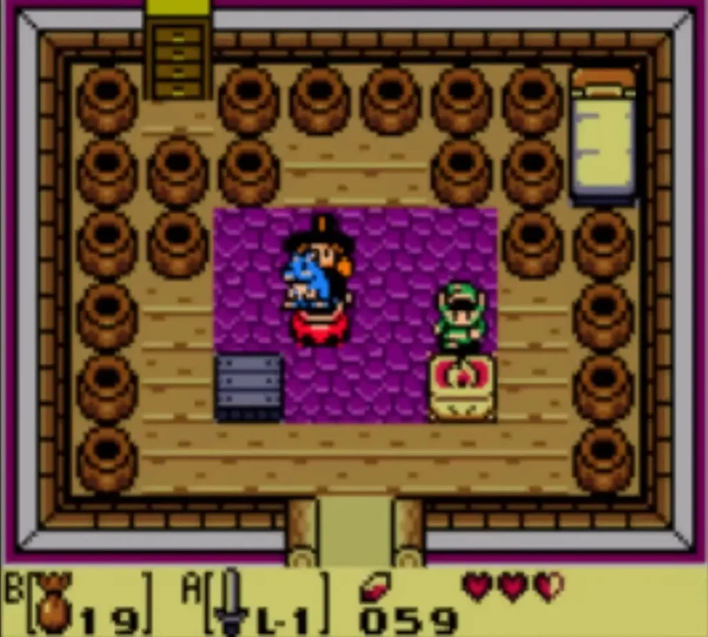 The Witch in her purple-carpeted hut, with Link standing beside her The Witch in her purple-carpeted hut, with Link standing beside her