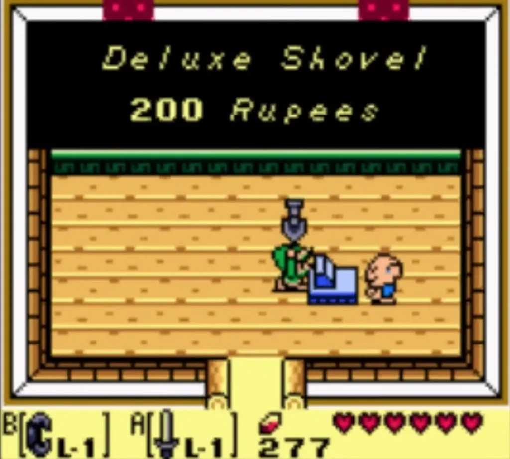 Link holding up the Deluxe Shovel with its 200 Rupees message box in the shop