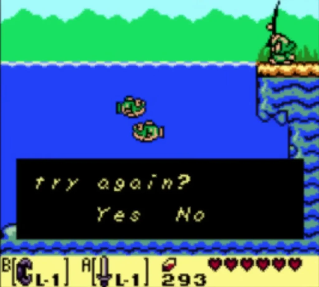 Pond scene with the try again prompt offering Yes or No after a catch