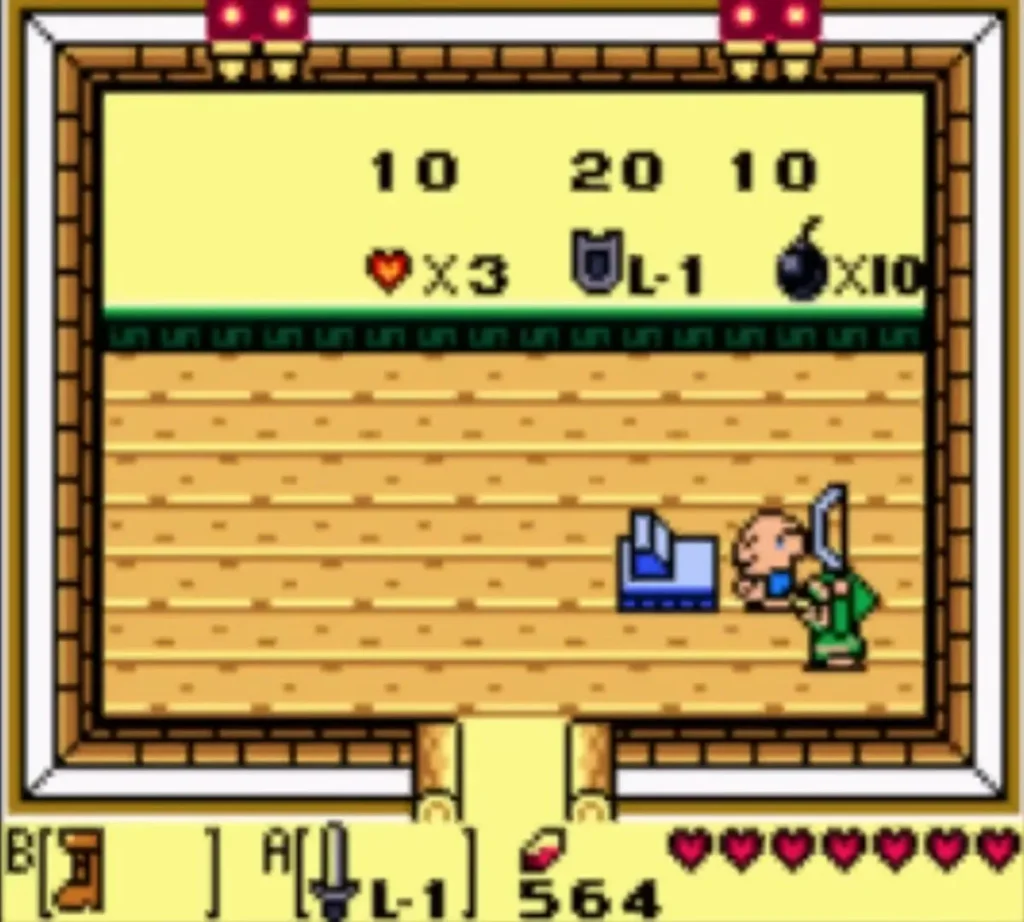 Link holds the Bow overhead beside the shopkeeper inside the Town Tool Shop