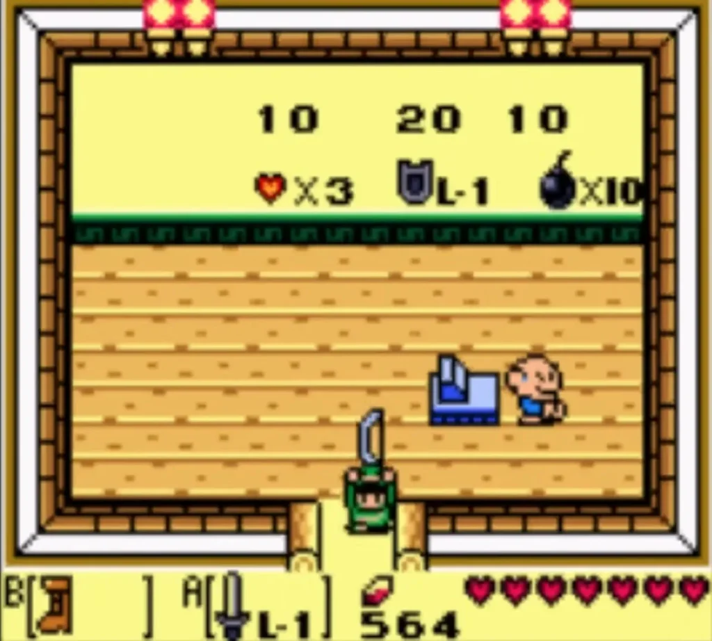 Link walks toward the shop door carrying the Bow while the shopkeeper stands at his counter