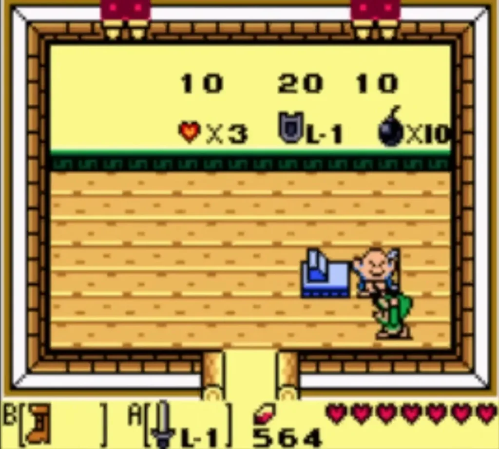 Link carries the Bow beside the shopkeeper at the counter of the Town Tool Shop