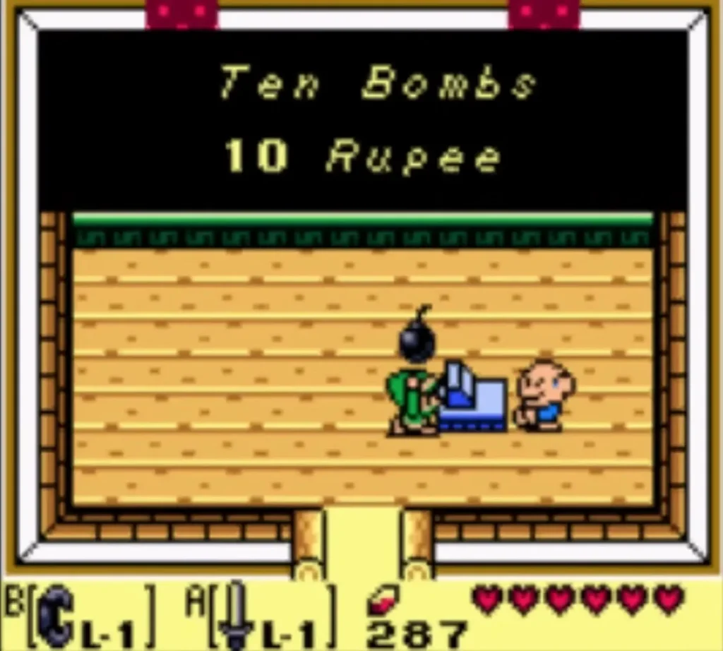 Link holding up a bomb at the shop counter beside the Ten Bombs for 10 Rupee message