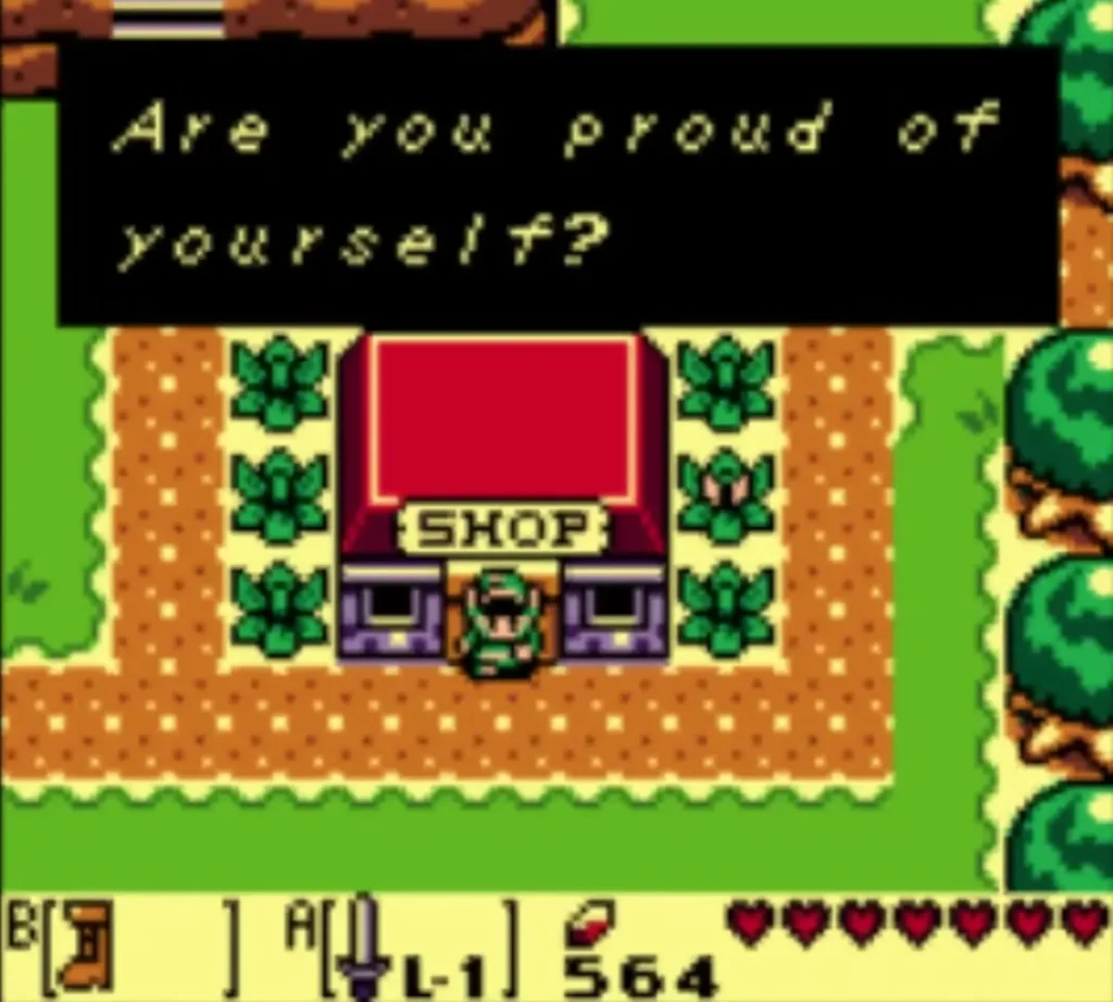 Box reads Are you proud of yourself? with Link outside the Town Tool Shop door