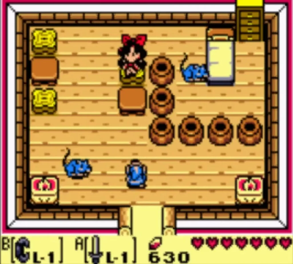 Link in Crazy Tracy's shop among barrels, crates and pots, with Tracy at the back