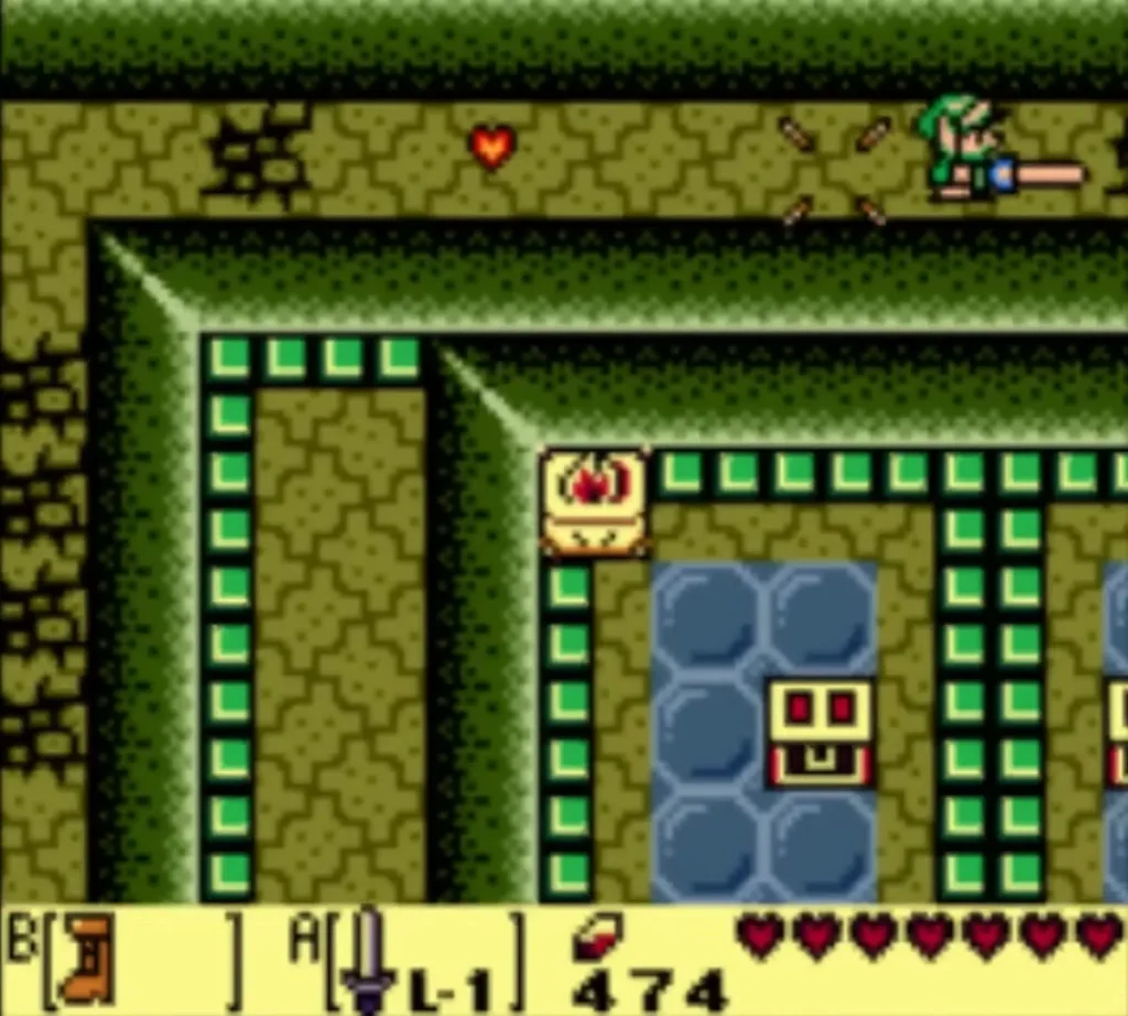 Link slashes along a green-walled Dream Cavern passage with a stone face block and a heart nearby Link slashes along a green-walled Dream Cavern passage with a stone face block and a heart nearby