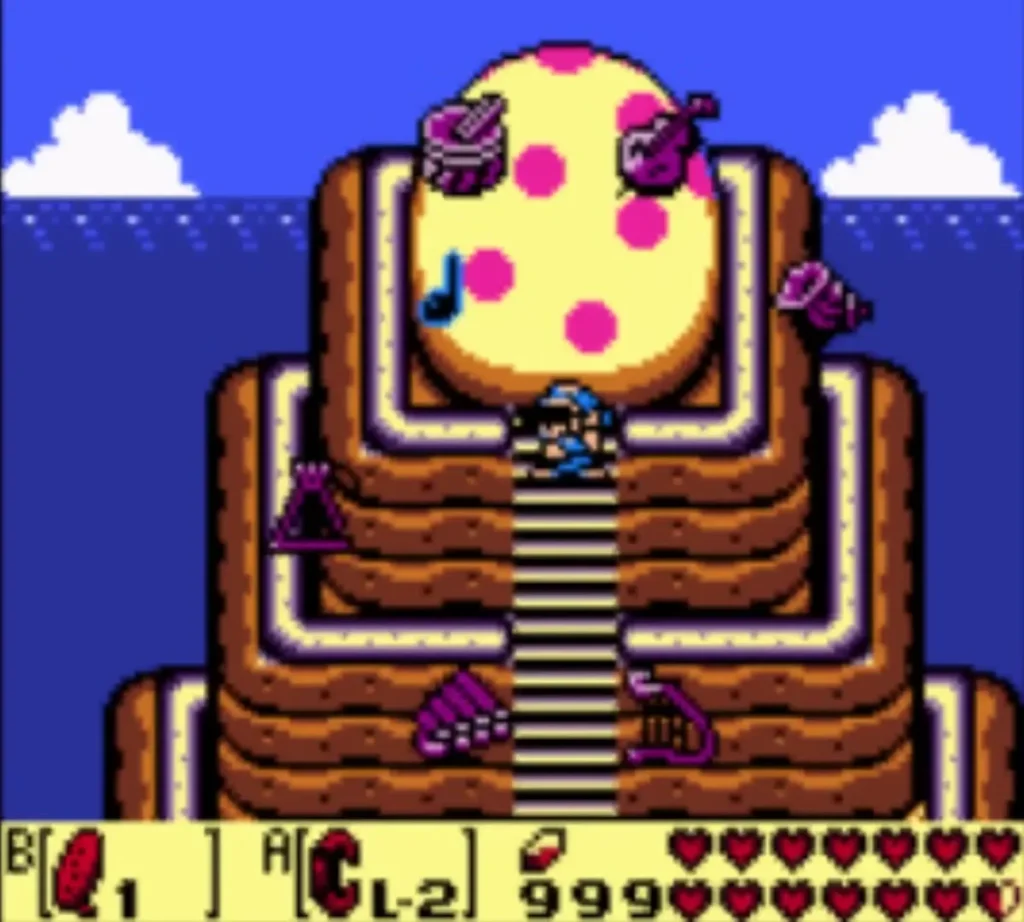 Instrument icons float around the Wind Fish's Egg while Link stands at the stairs below Instrument icons float around the Wind Fish's Egg while Link stands at the stairs below